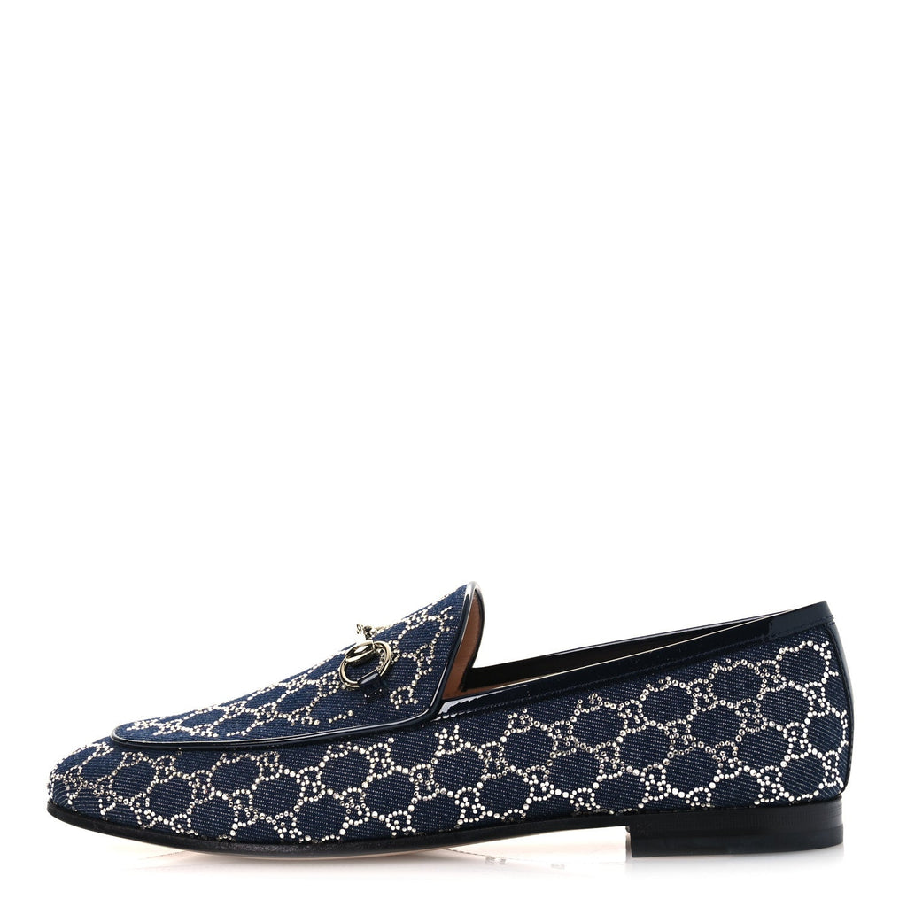 Gucci Denim Crystal GG Monogram Horsebit Womens Jordaan Loafers 39.5 Deep Blue Blue Milad