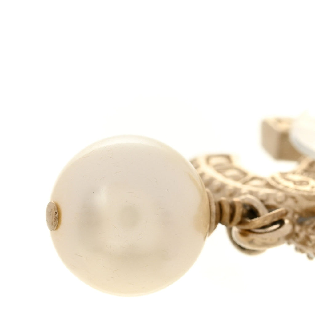 Chanel Crystal Timeless CC Pearl Drop Earrings Light Gold