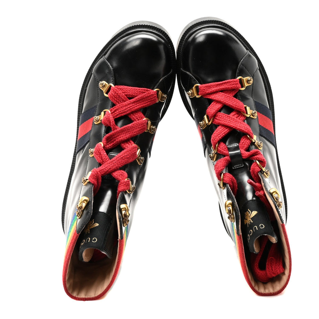 Gucci Calfskin Rainbow Trip Lace Up Combat Boots 36 Black