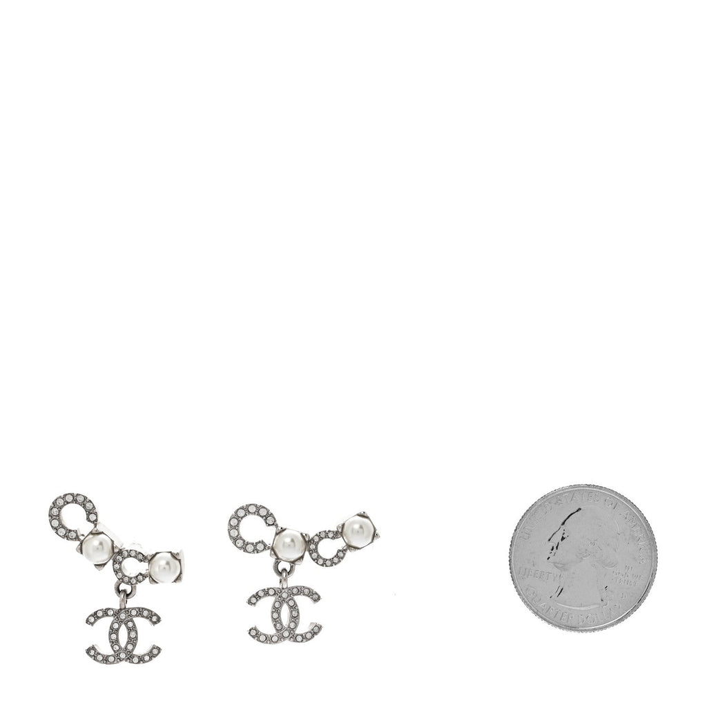 Chanel Metal Crystal Pearl Coco CC Earrings Silver