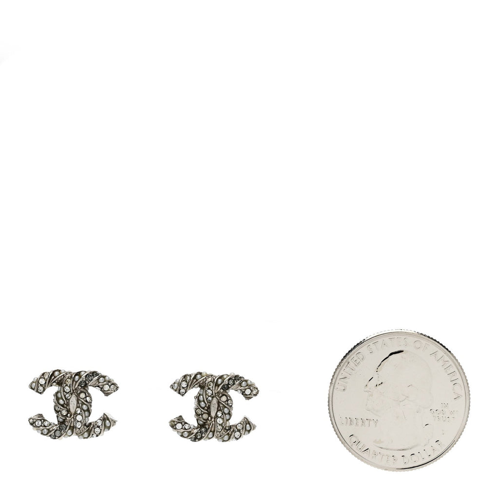 Chanel Crystal Pearl Twisted CC Earrings Silver
