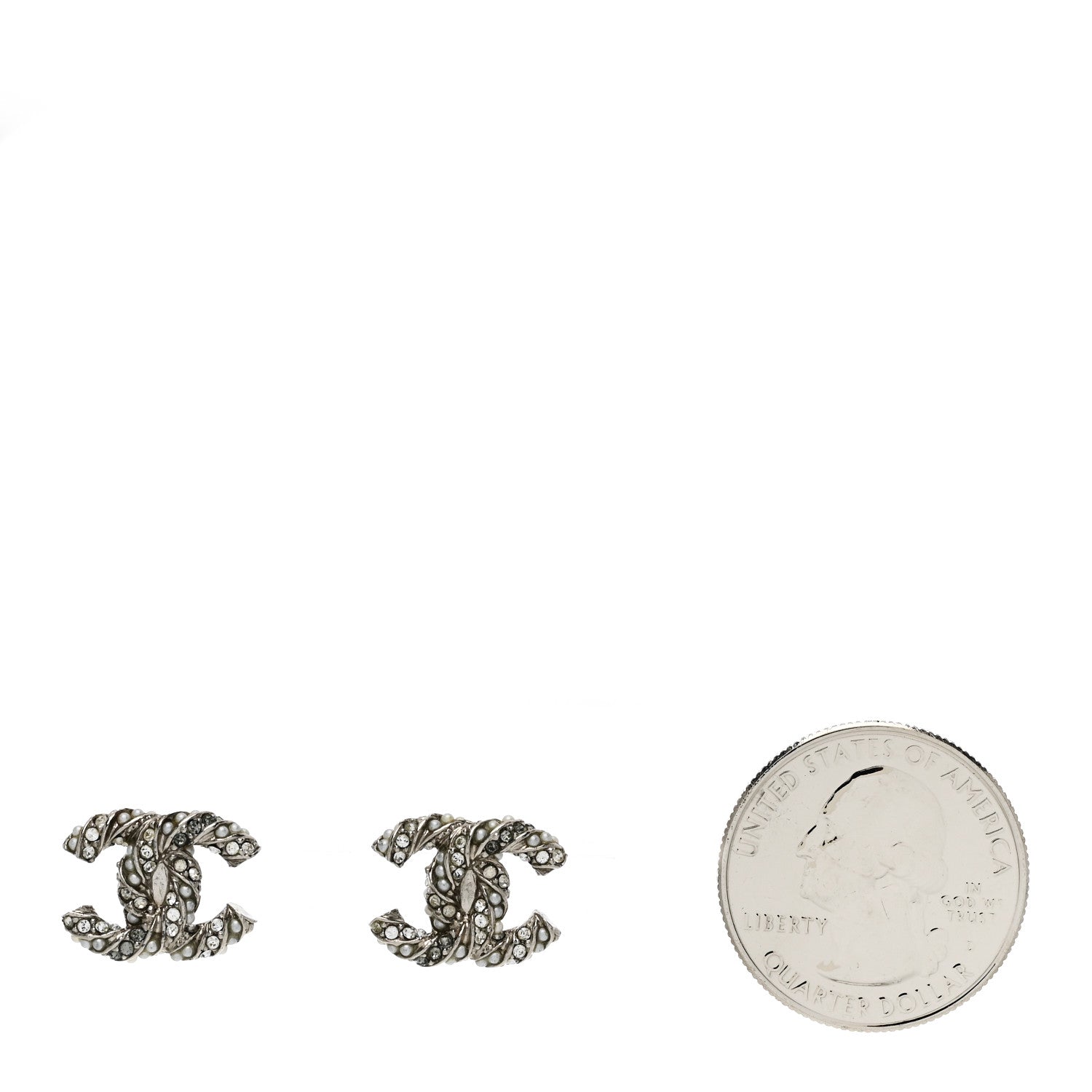 Chanel Crystal Pearl Twisted CC Earrings Silver
