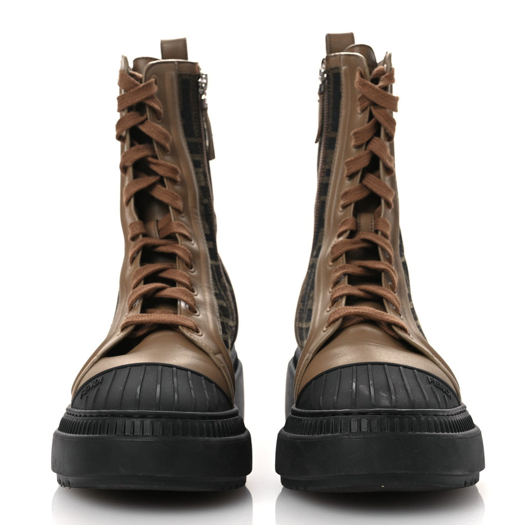 Fendi Fabric Jacquard Vitello FF Domino 50mm Biker Boots 38 Tobacco Black Sand
