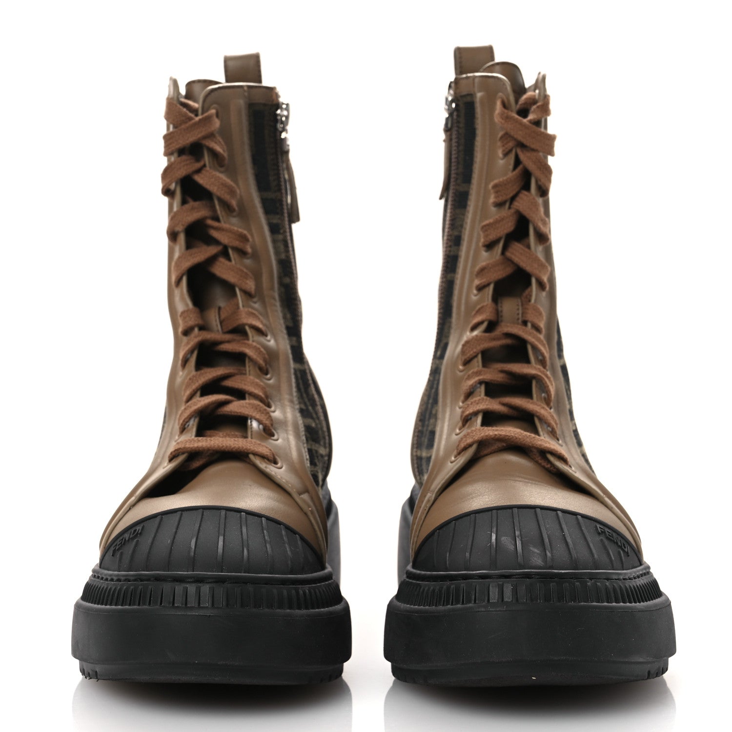 Fendi Fabric Jacquard Vitello FF Domino 50mm Biker Boots 38 Tobacco Black Sand