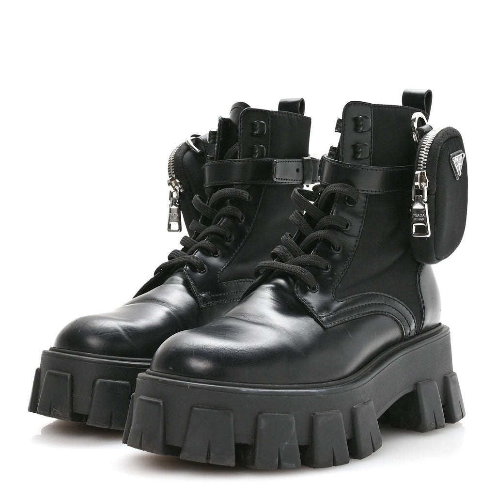 Prada Spazzolato Rois Nylon Metal Triangle Logo Monolith Pouch Pocket 55mm Boots 37 Black