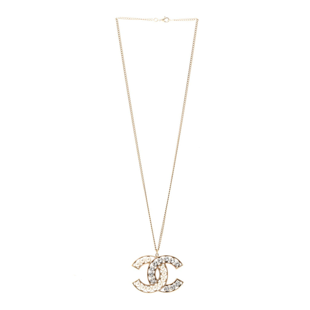 Chanel Pearl Crystal CC Pendant Necklace Gold