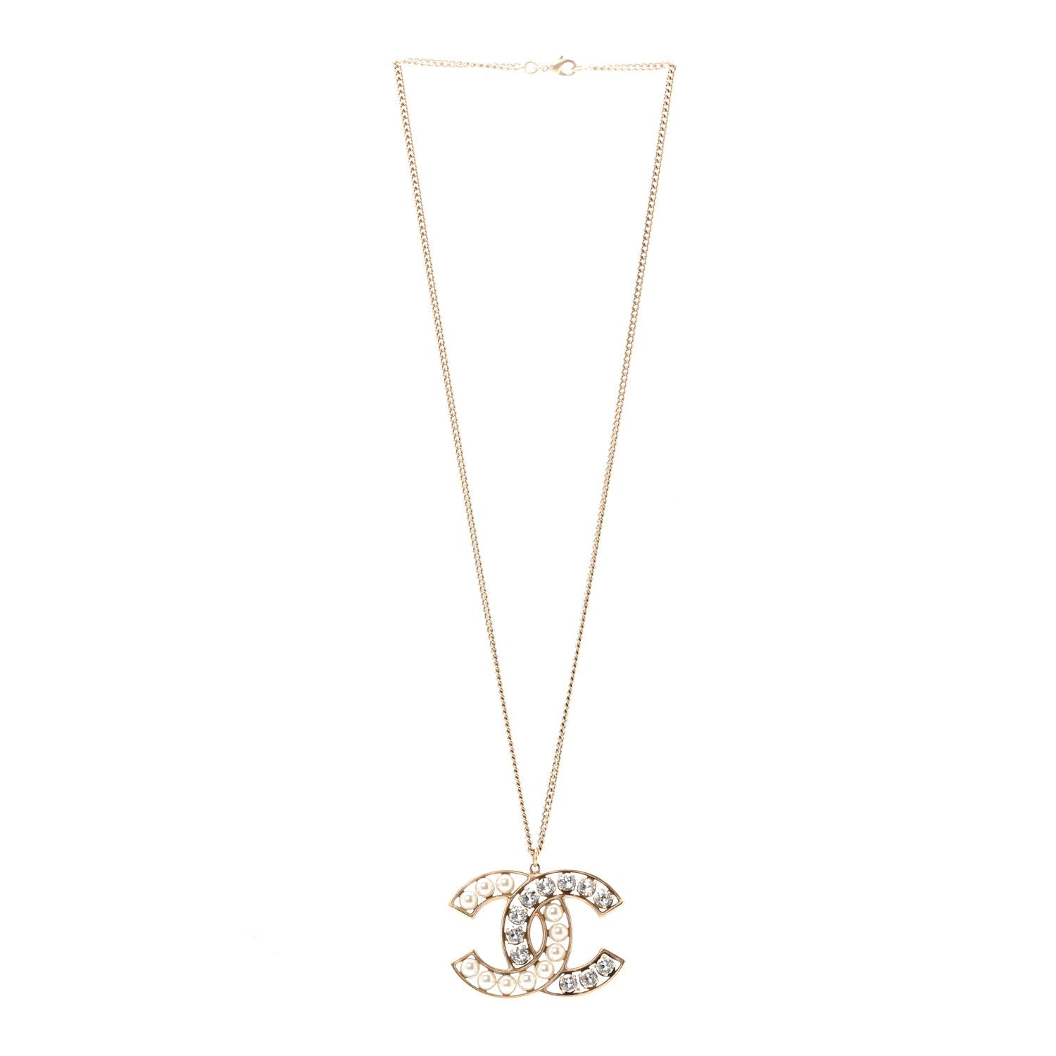 Chanel Pearl Crystal CC Pendant Necklace Gold