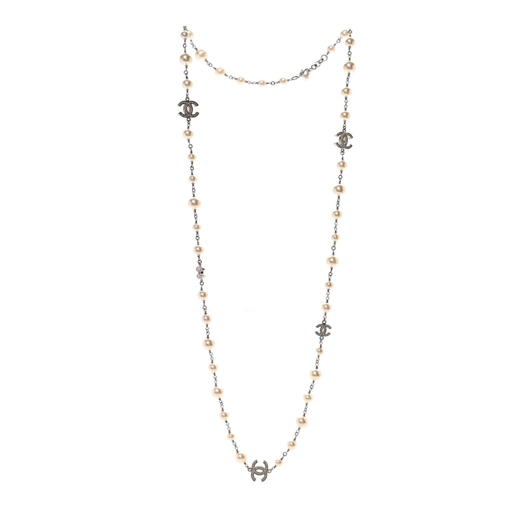 Chanel Graduated Pearl Crystal CC Long Necklace Silver