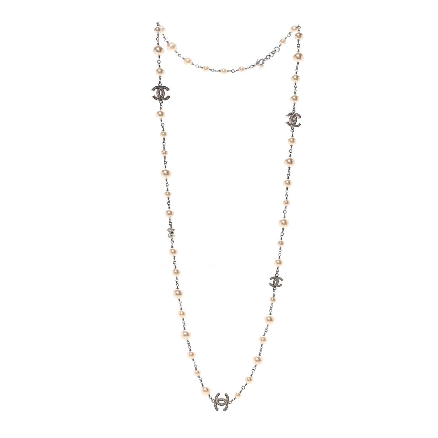 Chanel Graduated Pearl Crystal CC Long Necklace Silver