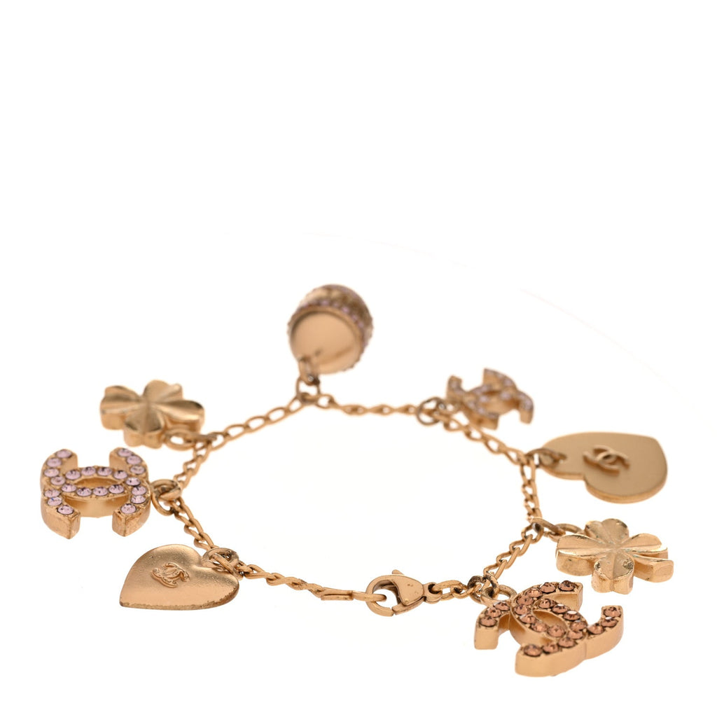 Chanel Metal Crystal Lucky Charms Bracelet Gold Pink