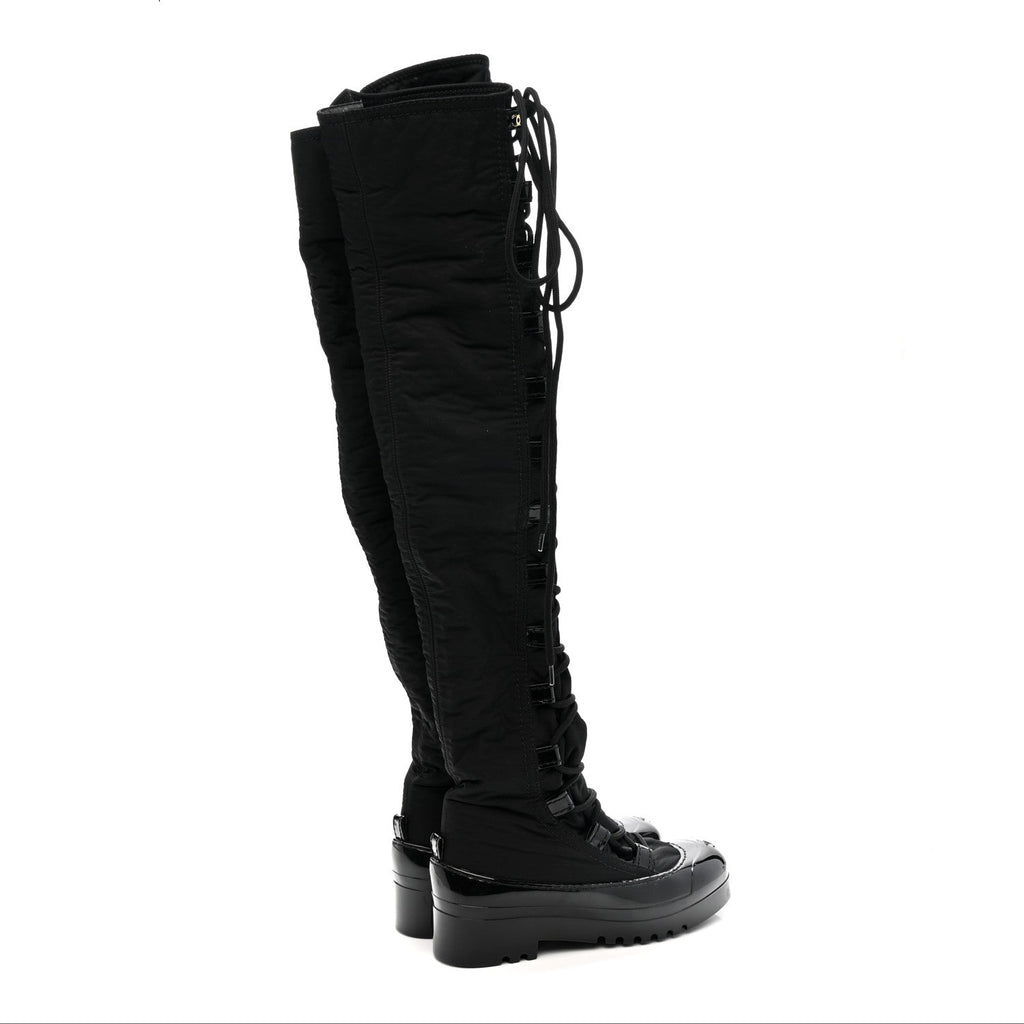 Chanel Nylon Rubber CC Lace Up Thigh High Boots 40 Black