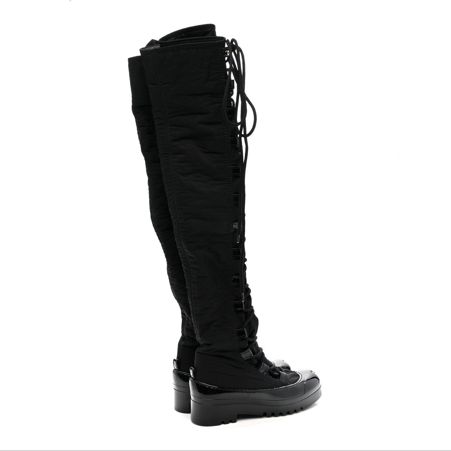 Chanel Nylon Rubber CC Lace Up Thigh High Boots 40 Black