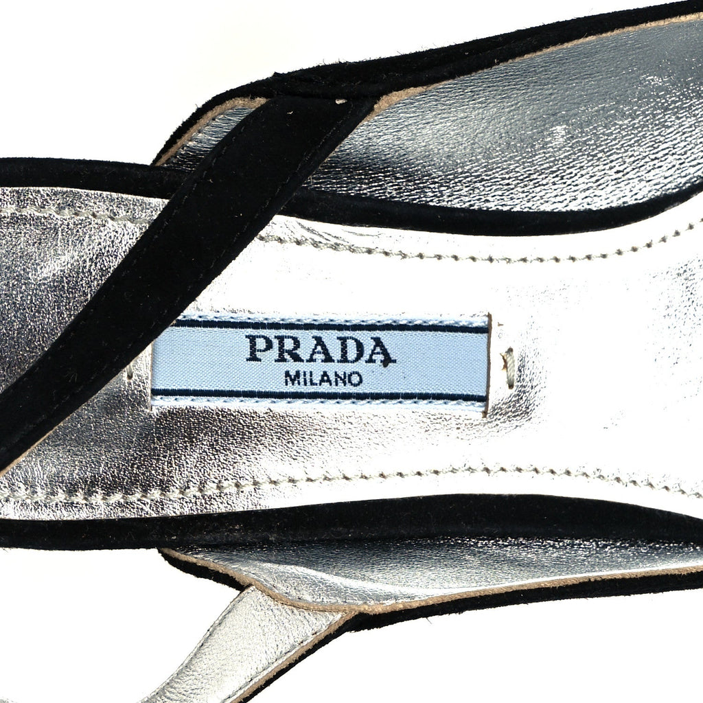 Prada Suede Crystal Block Heel Slingback Pump 37 Black