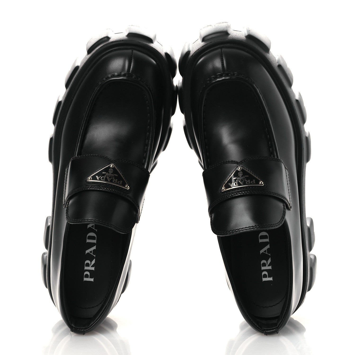 Prada Spazzolato Rois Metal Triangle Logo Monolith 55mm Loafers 39 Black