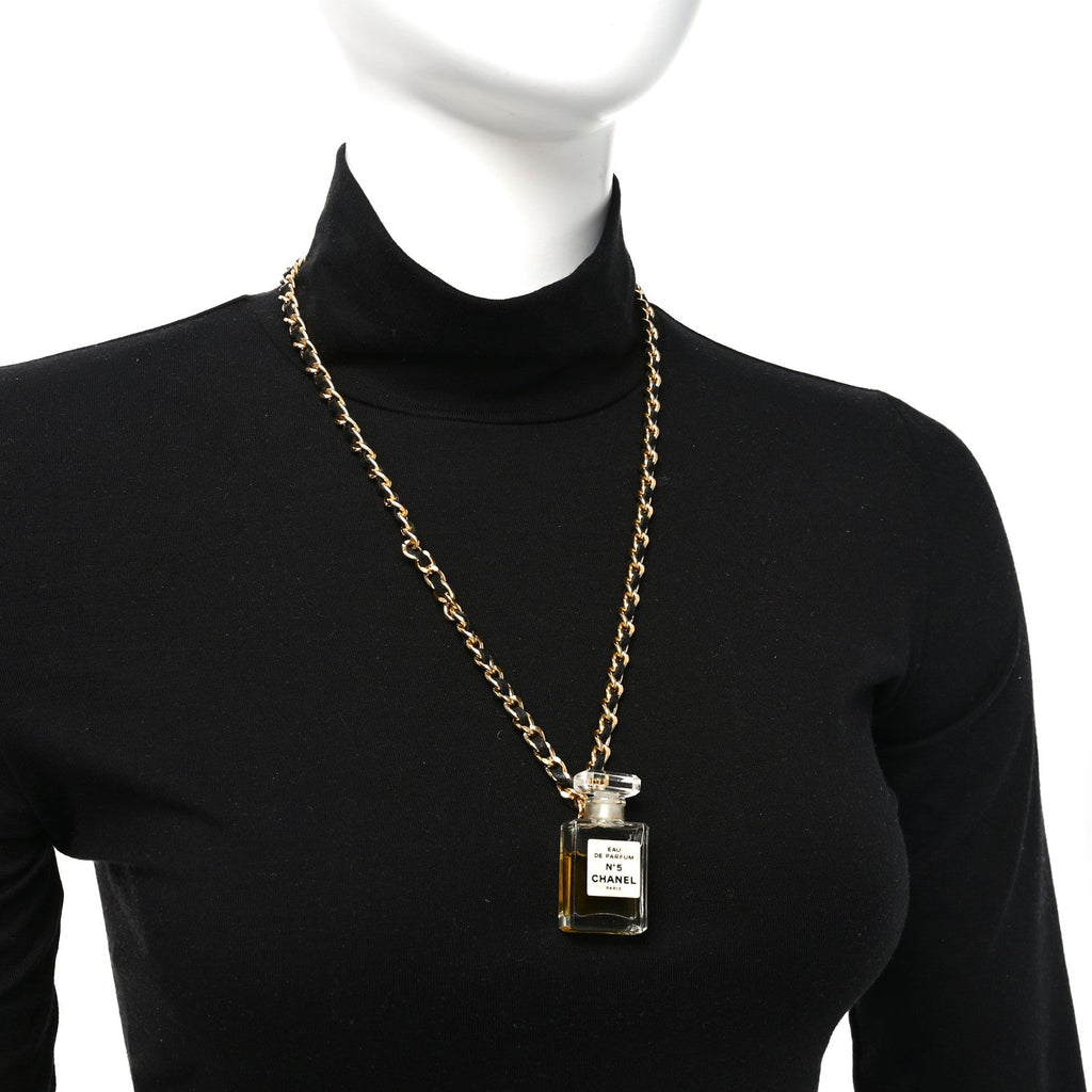 Chanel Metal Lambskin Resin CC No 5 Perfume Bottle Necklace Gold Black