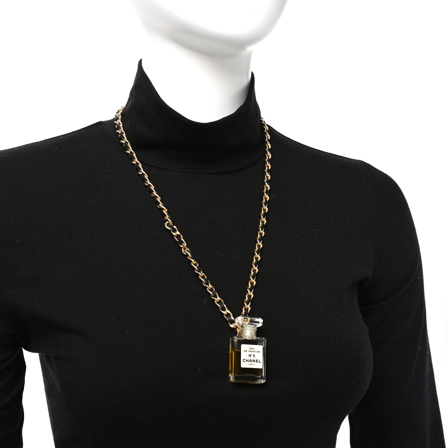 Chanel Metal Lambskin Resin CC No 5 Perfume Bottle Necklace Gold Black