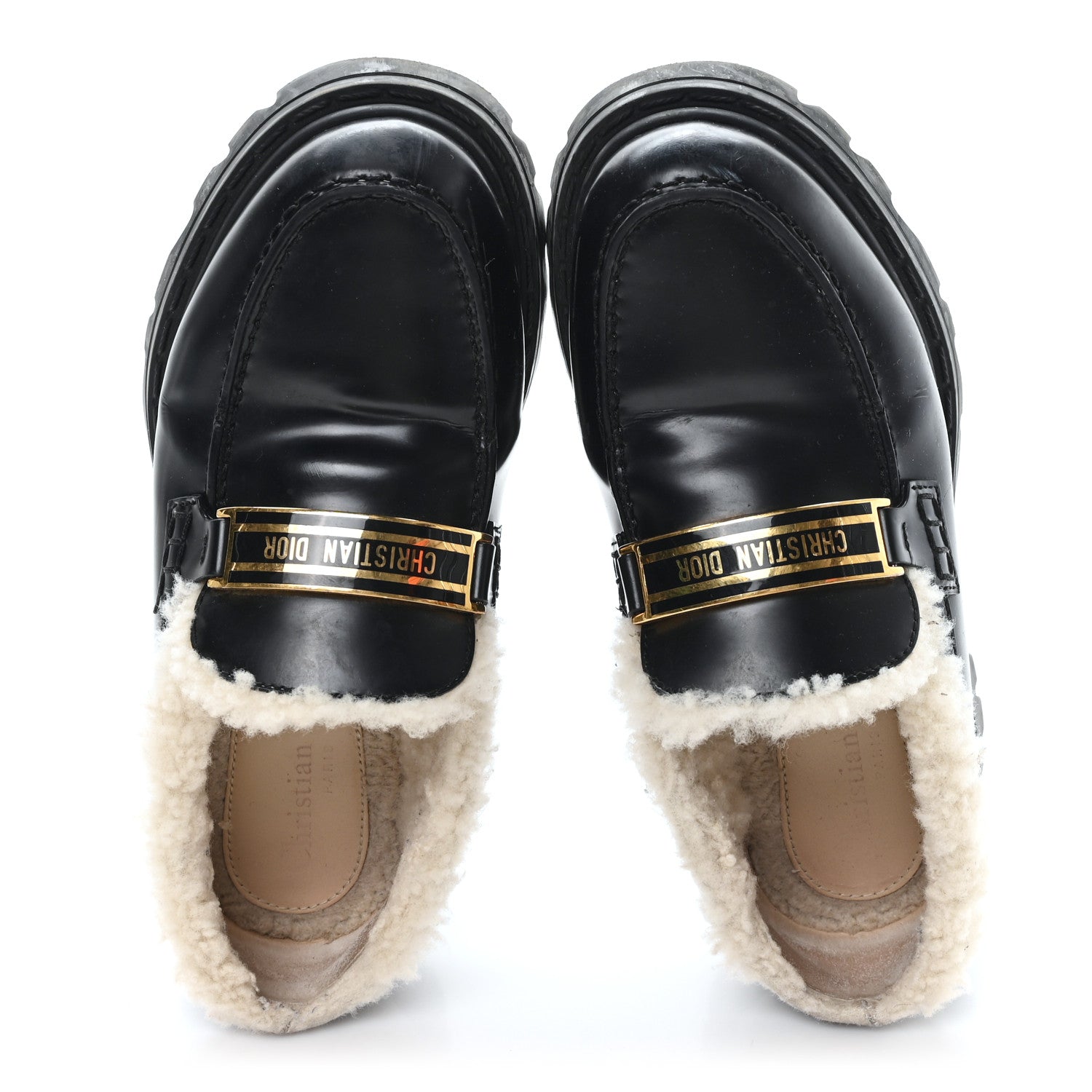 Christian Dior Brushed Calfskin Shearling Dior Code Lug Sole 15mm Loafers 35.5 Black Natural