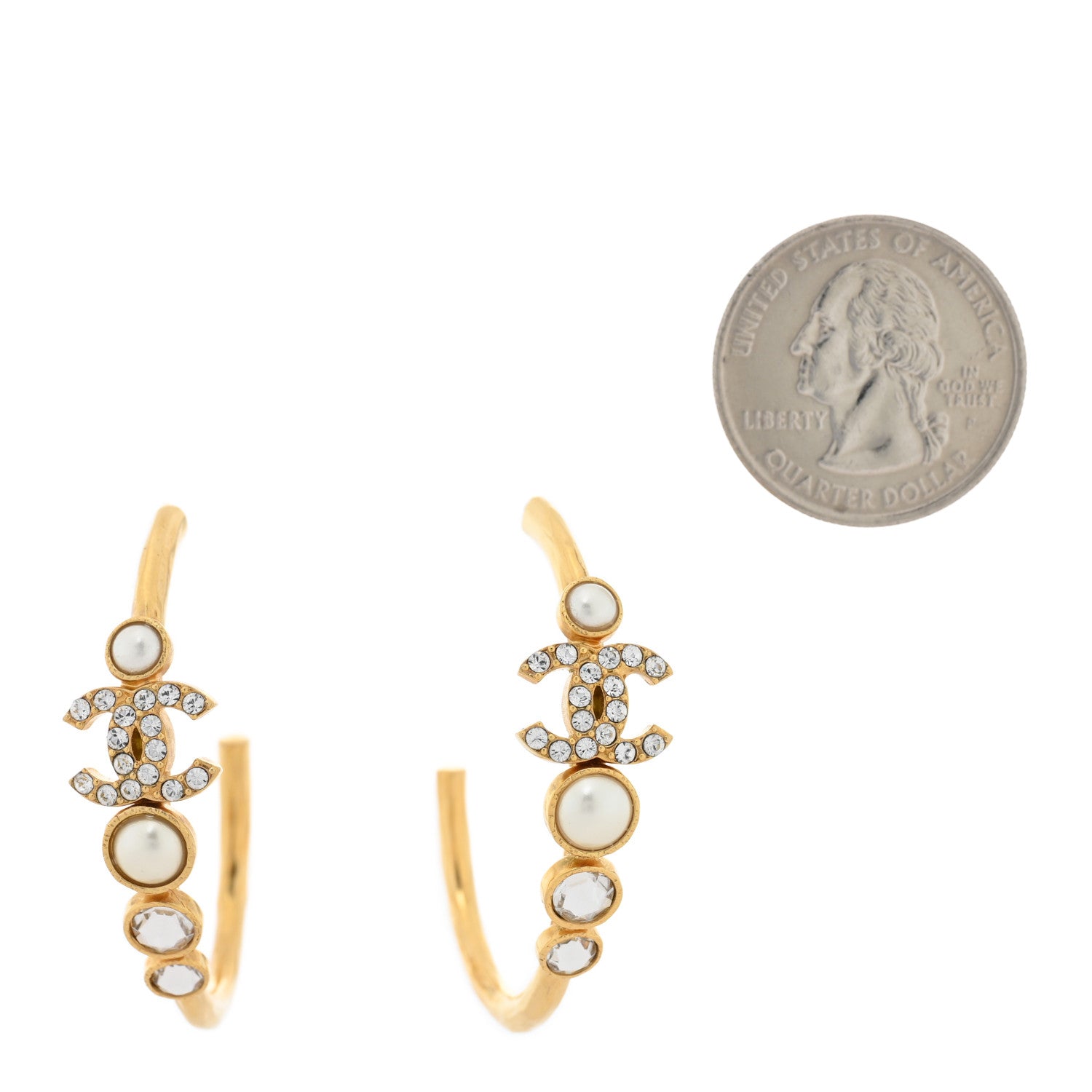 Chanel Crystal Pearl CC Hoop Earrings Gold Pearly White