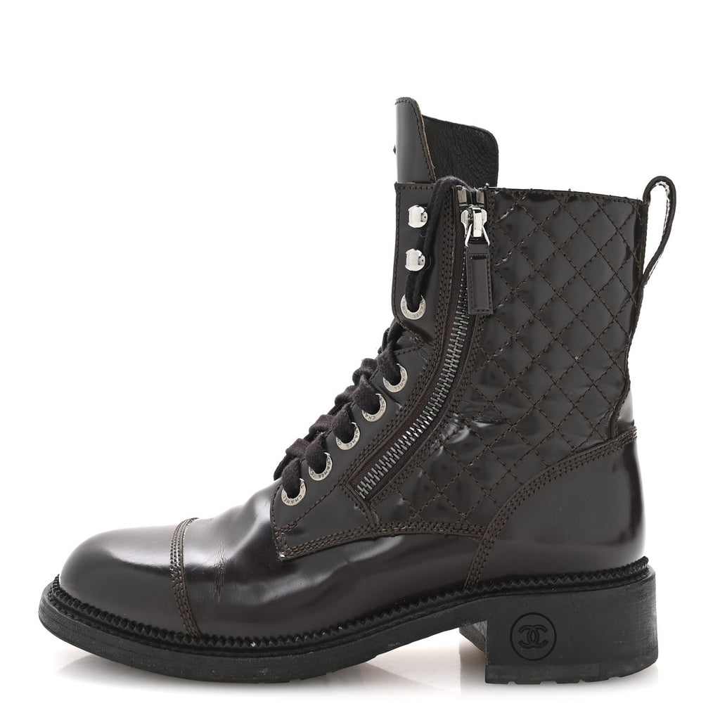Chanel Shiny Calfskin Quilted CC Lace Up Combat Boots 37.5 Dark Burgundy