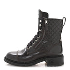 Chanel Shiny Calfskin Quilted CC Lace Up Combat Boots 37.5 Dark Burgundy