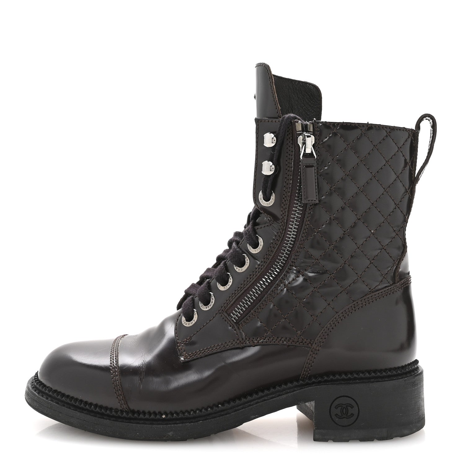 Chanel Shiny Calfskin Quilted CC Lace Up Combat Boots 37.5 Dark Burgundy
