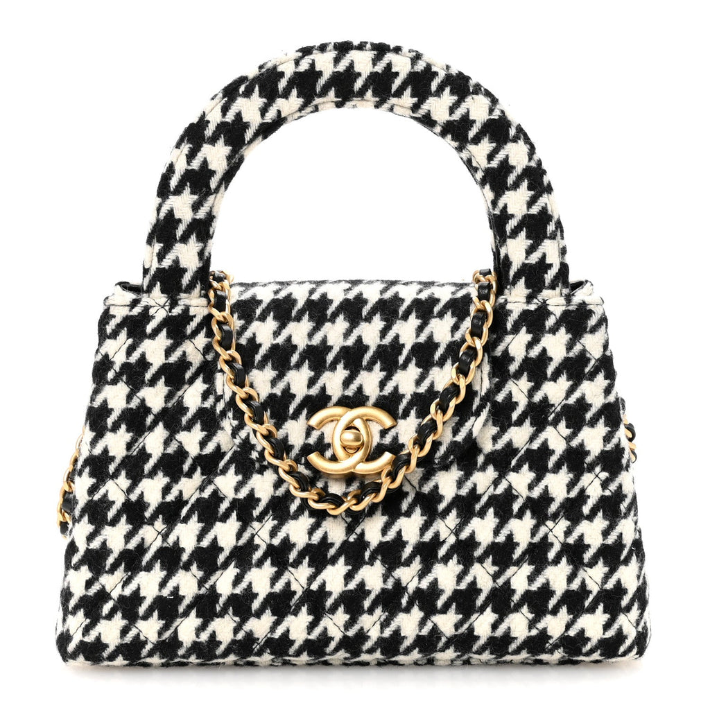 Chanel Tweed Houndstooth Quilted Nano Kelly Shopper Black White