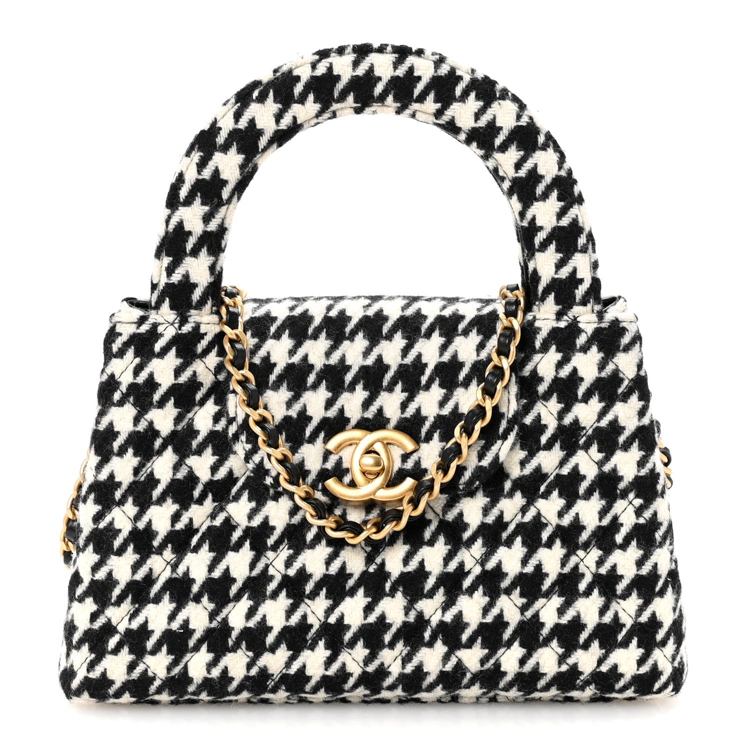 Chanel Tweed Houndstooth Quilted Nano Kelly Shopper Black White