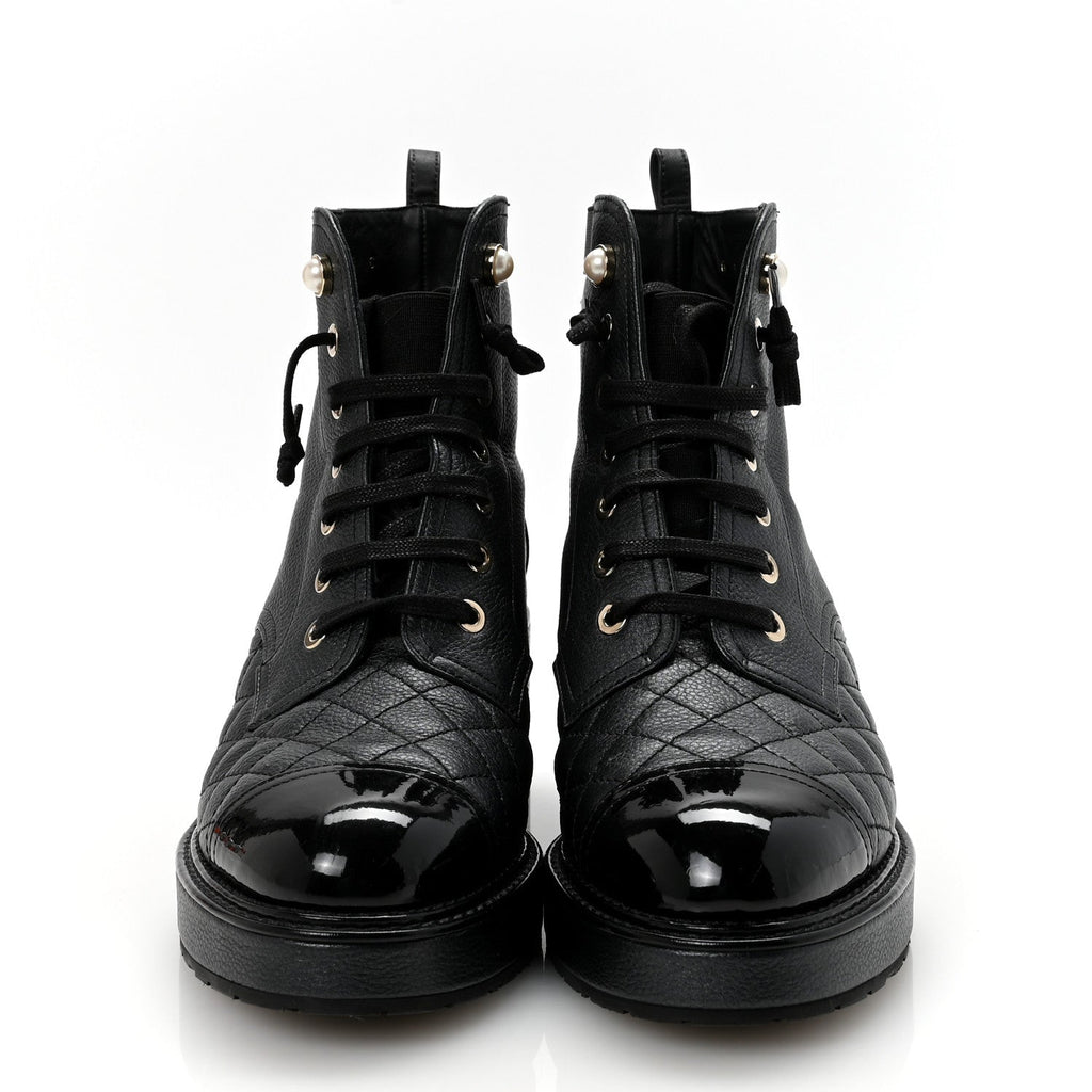 Chanel Pearly Calfskin Patent Calfskin Lace Up Combat Boots 37 Black