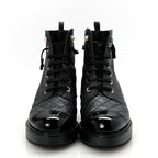 Chanel Pearly Calfskin Patent Calfskin Lace Up Combat Boots 37 Black