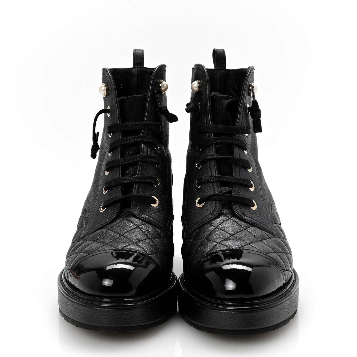 Chanel Pearly Calfskin Patent Calfskin Lace Up Combat Boots 37 Black