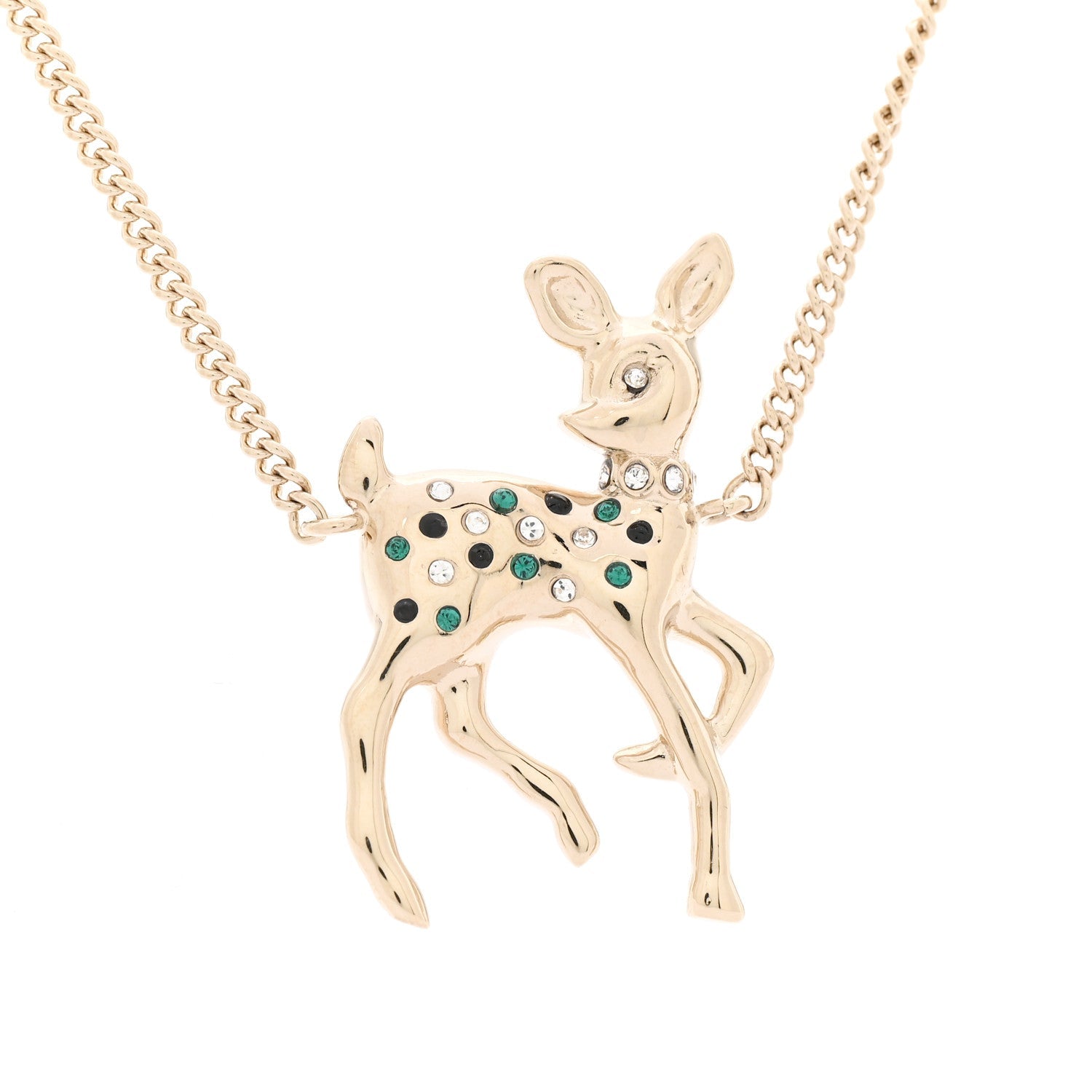 Chanel Pearl Crystal CC Deer Long Necklace Gold Green