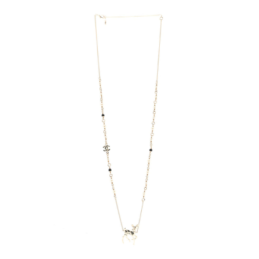 Chanel Pearl Crystal CC Deer Long Necklace Gold Green