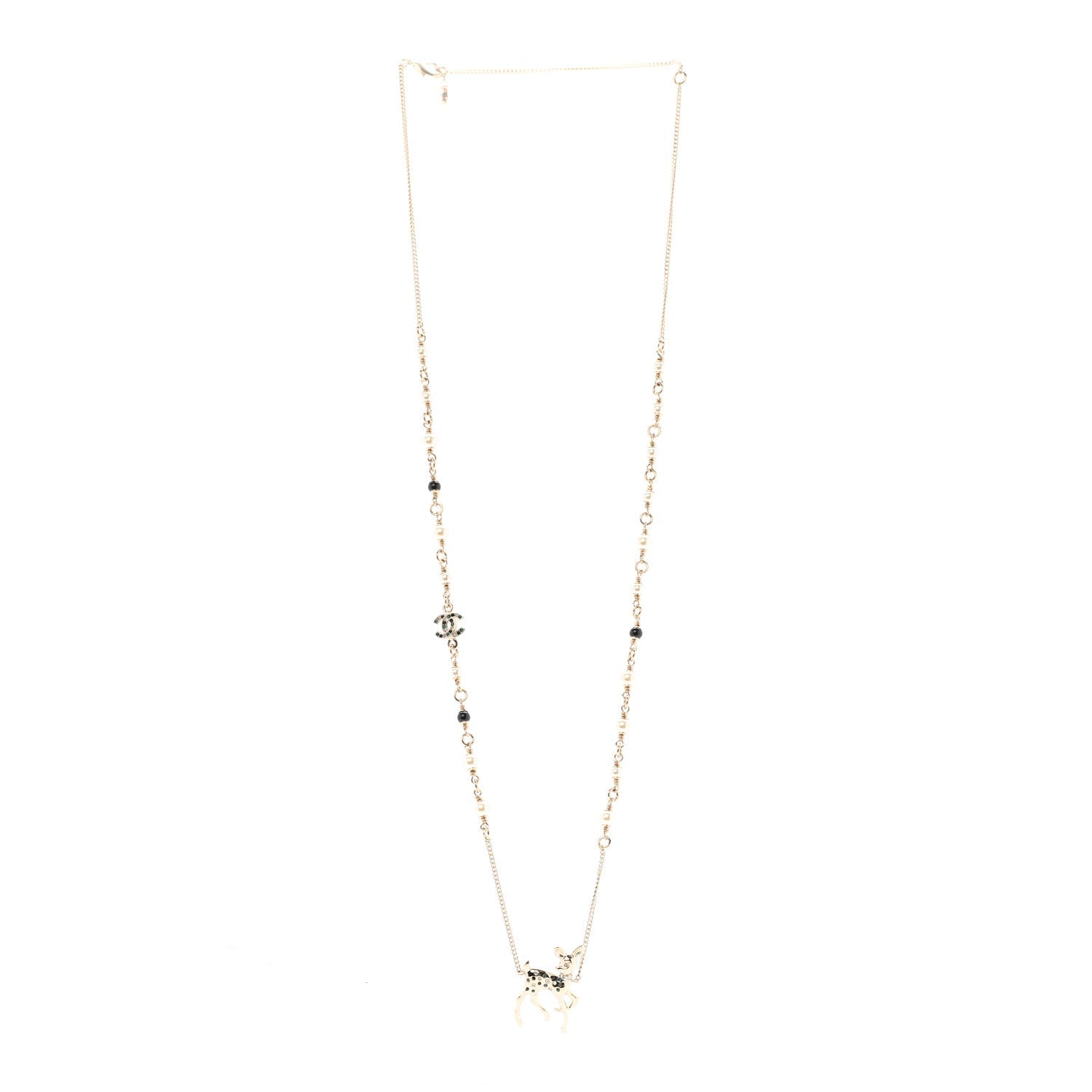 Chanel Pearl Crystal CC Deer Long Necklace Gold Green