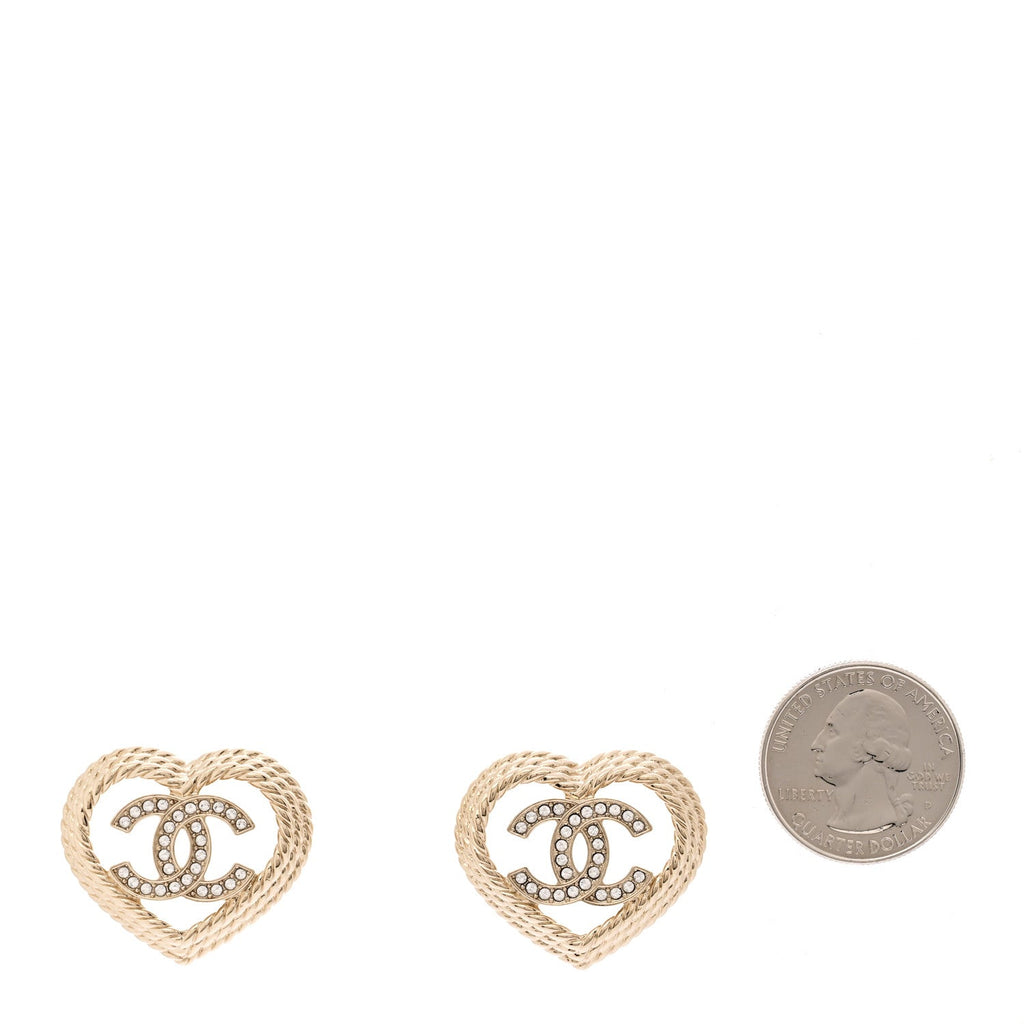 Chanel Crystal CC Twist Heart Earrings Gold