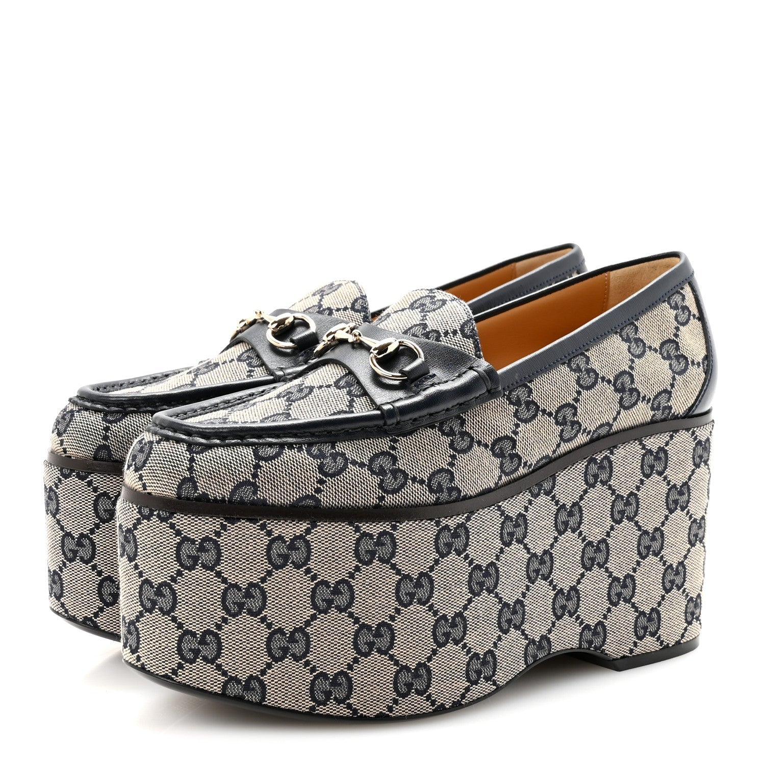 Gucci Canvas GG Monogram Horsebit Calfskin Womens Horsebit Platform Loafers 37.5 Beige Blue