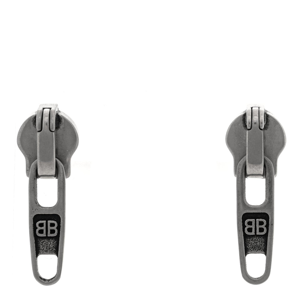 Balenciaga Metal Zip Up Earrings Silver