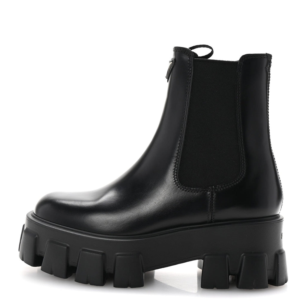 Prada Spazzolato Rois Triangle Monolith Chelsea 55mm Boots 35.5 Black