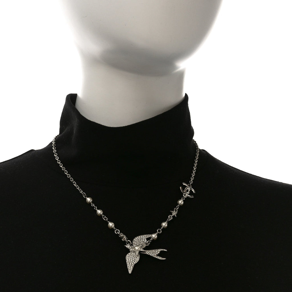 Chanel Pearl Crystal CC Star Bird Necklace Silver Pearly White