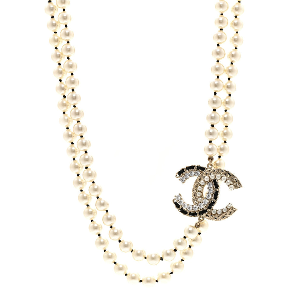 Chanel Pearl Crystal Lambskin CC Long Necklace Gold Black