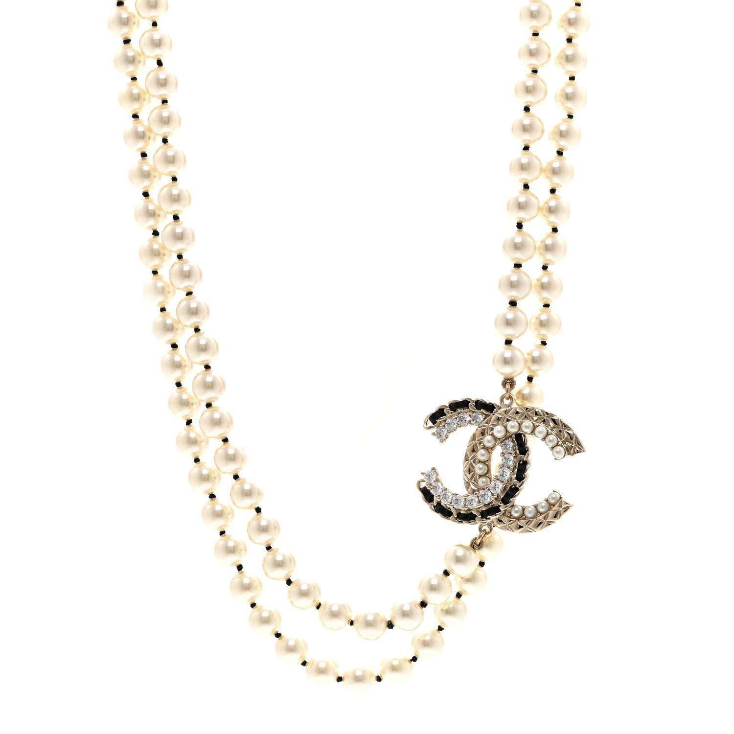 Chanel Pearl Crystal Lambskin CC Long Necklace Gold Black