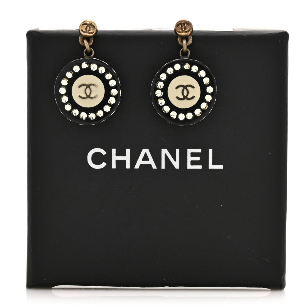 Chanel Resin Crystal CC Drop Earrings Black White