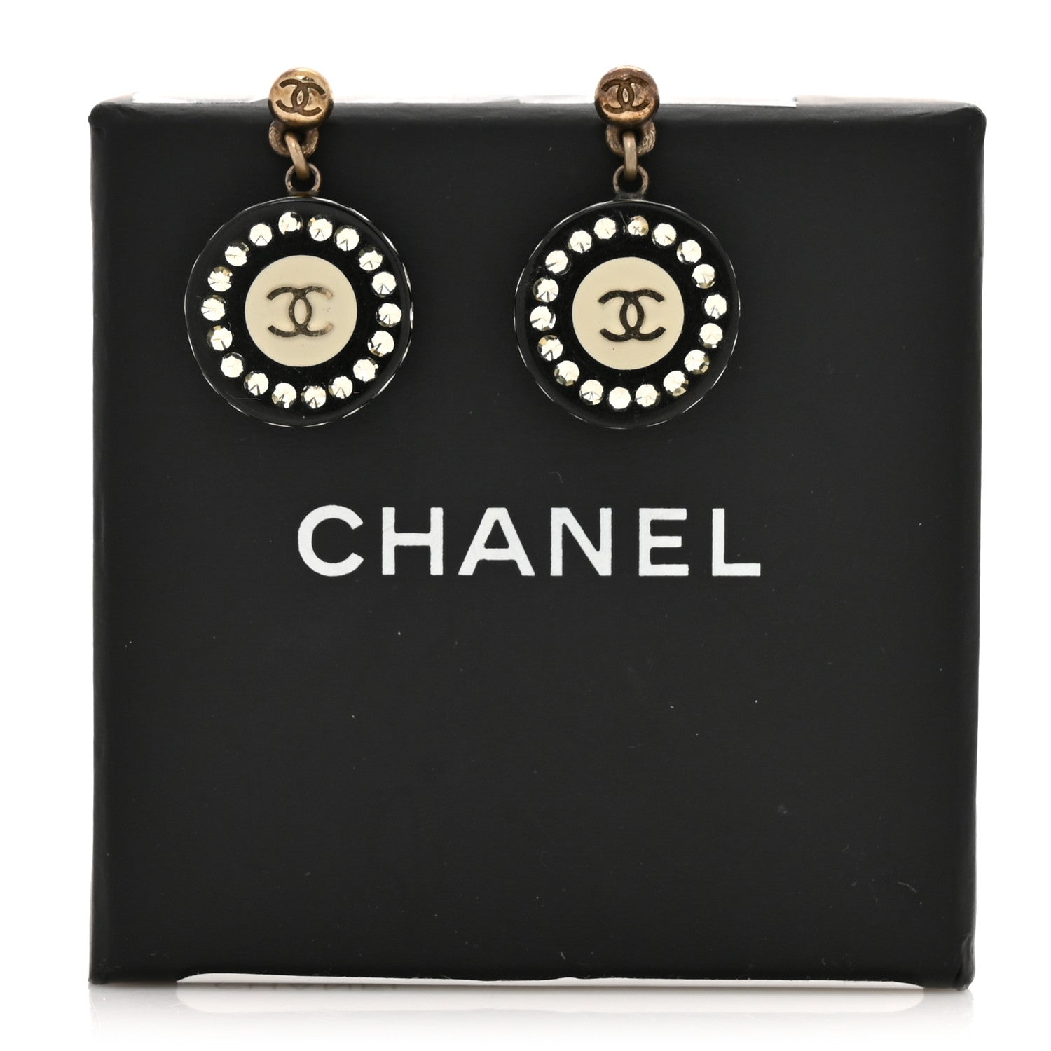 Chanel Resin Crystal CC Drop Earrings Black White