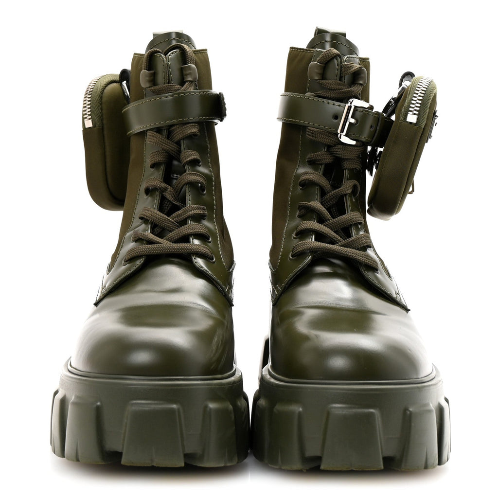 Prada Spazzolato Rois Re-Nylon Metal Triangle Logo Monolith Pouch Pocket 55mm Boots 37.5 Militare