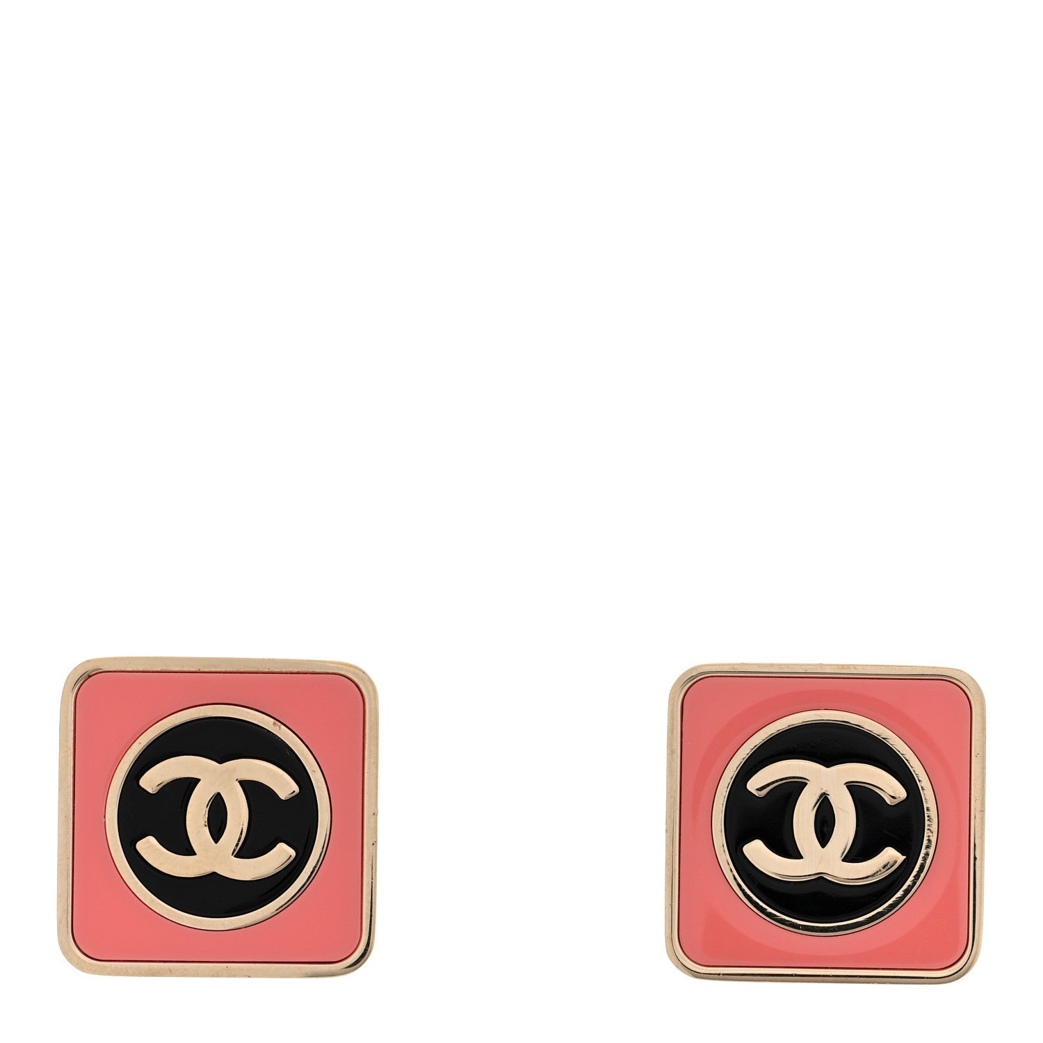 Chanel Metal Enamel CC Square Earrings Gold Pink Black