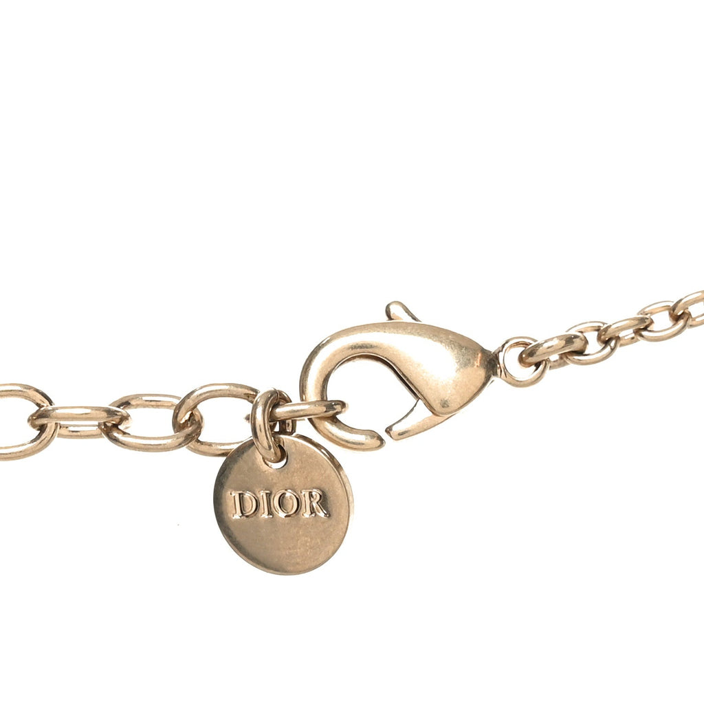 Christian Dior Metal Crystal Pearl CD Bow Necklace Gold