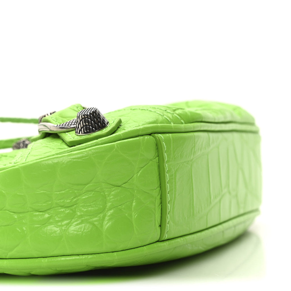 Balenciaga Extra Supple Calfskin Crocodile Embossed Le Cagole Mini Purse With Chain Acid Green