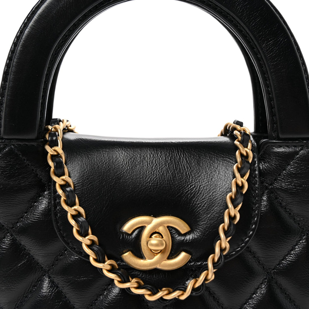 Chanel Shiny Aged Calfskin Quilted Nano Kelly Shopper Black