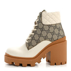 Gucci Calfskin GG Supreme Monogram Nappa Quilted Lace Up Ankle Boots 35 Mystic White Beige