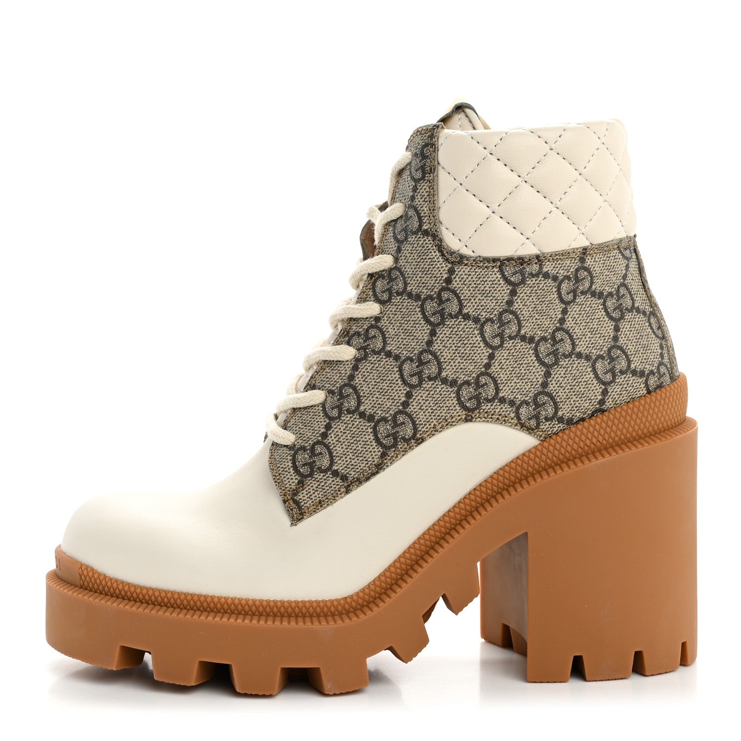 Gucci Calfskin GG Supreme Monogram Nappa Quilted Lace Up Ankle Boots 35 Mystic White Beige