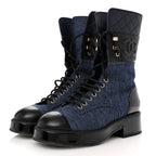 Chanel Fabric Patent Lambskin Quilted CC Lace Up Combat Boots 37 Navy Blue Black